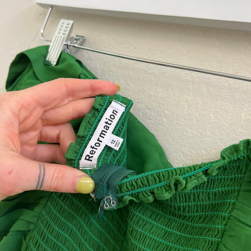 EUC $365 Reformation Lore Ruched Strapless Kelly Green Midi Dress - Picture 8 of 10